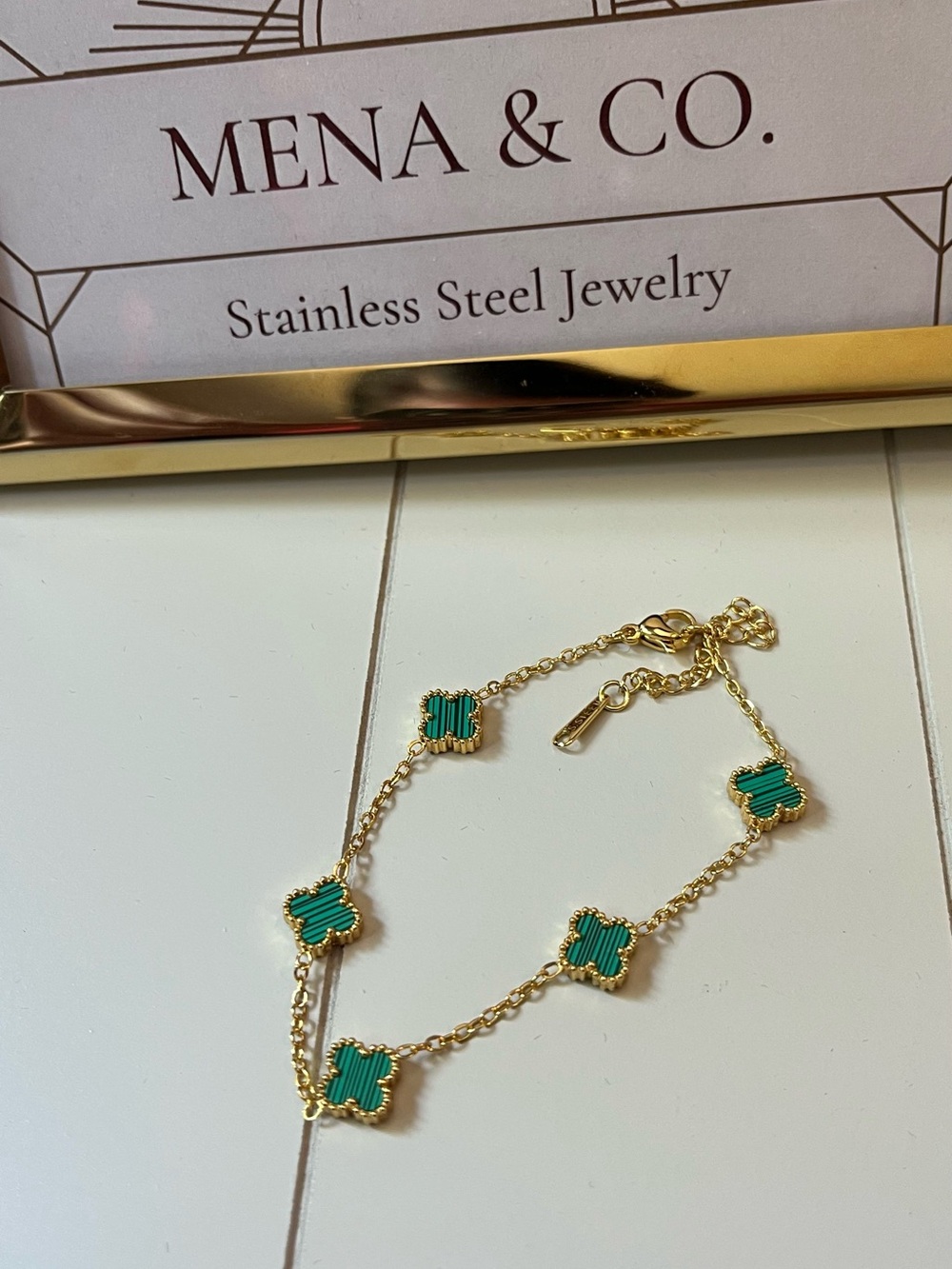 Gold-tone Stainless Steel Green Medium Clover Bracelet
